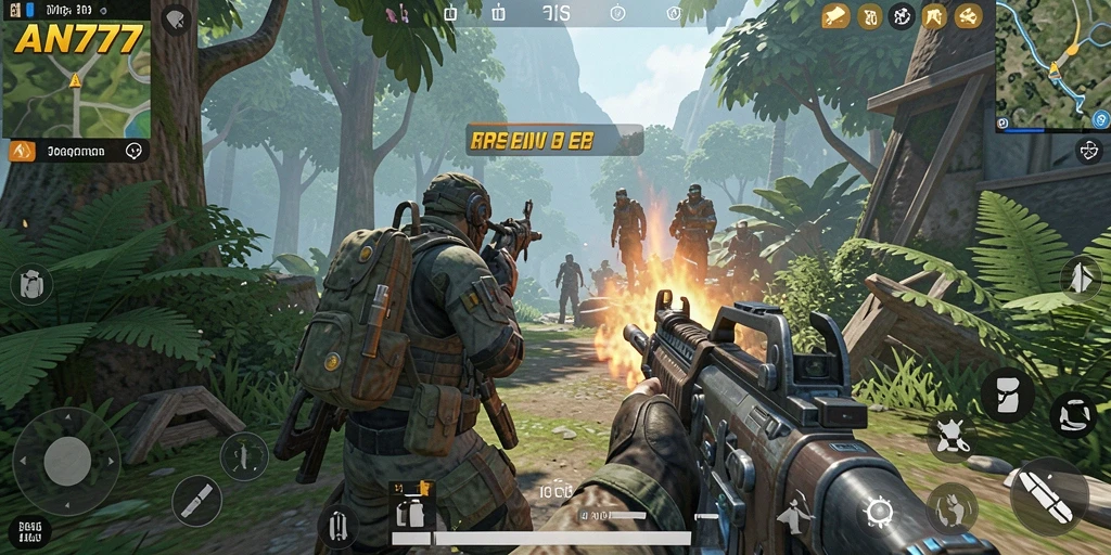 Tangkapan layar gameplay AN777 yang menunjukkan pertempuran TPS yang seru.