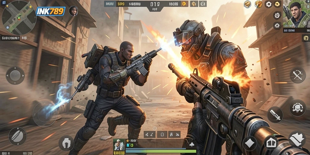 Gambar menampilkan aksi seru dalam gameplay TPS INK789.