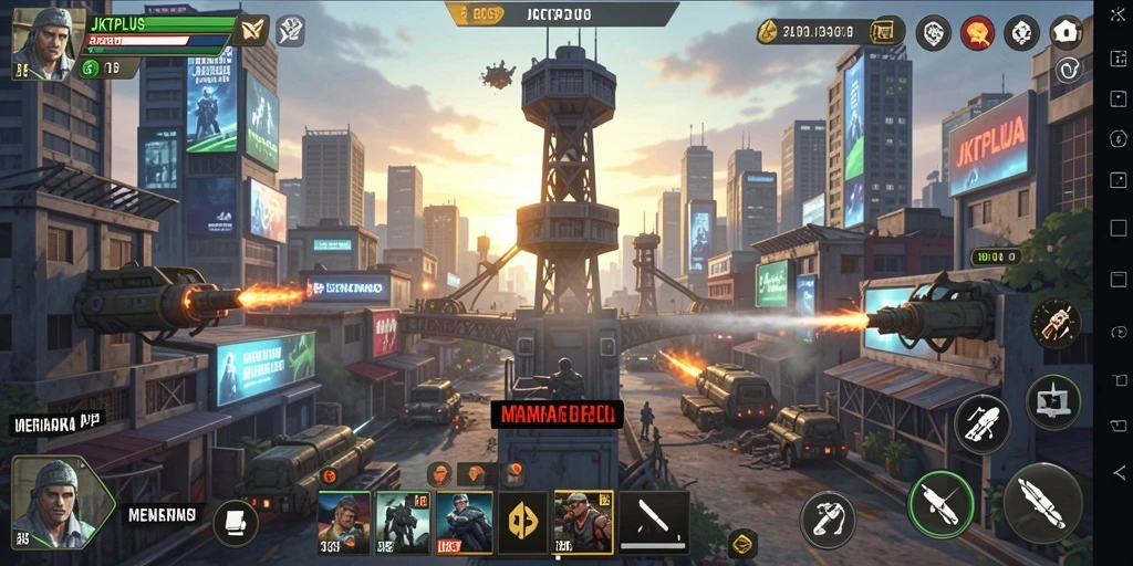 Screenshot gameplay JKTPLUS menampilkan aksi menara pertahanan.