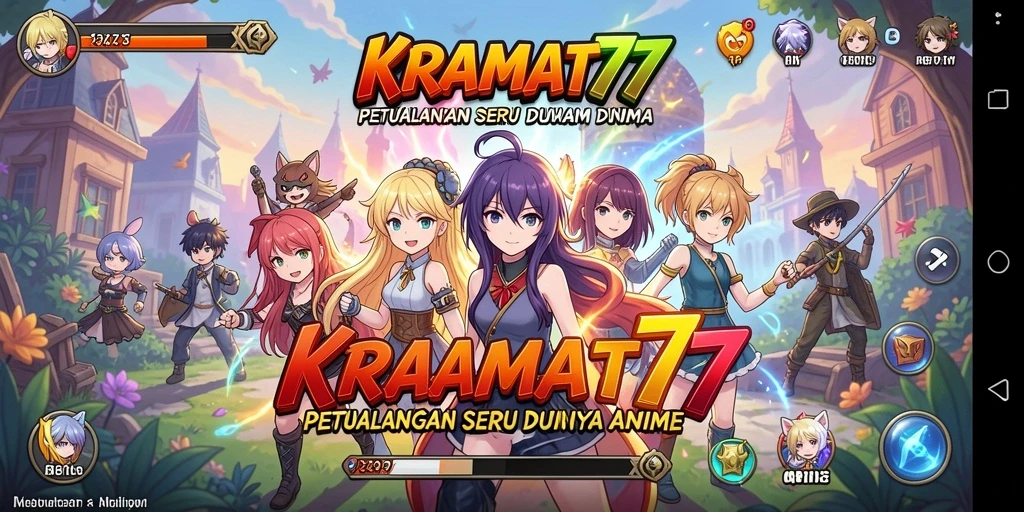 Tangkapan layar dari gameplay KRAMAT77 yang menampilkan karakter anime terkenal.