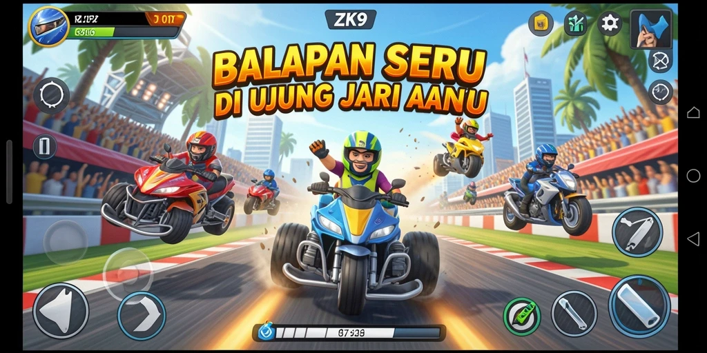 Gameplay Racing ZK9 dengan mobil balap yang cepat dan trek menantang.